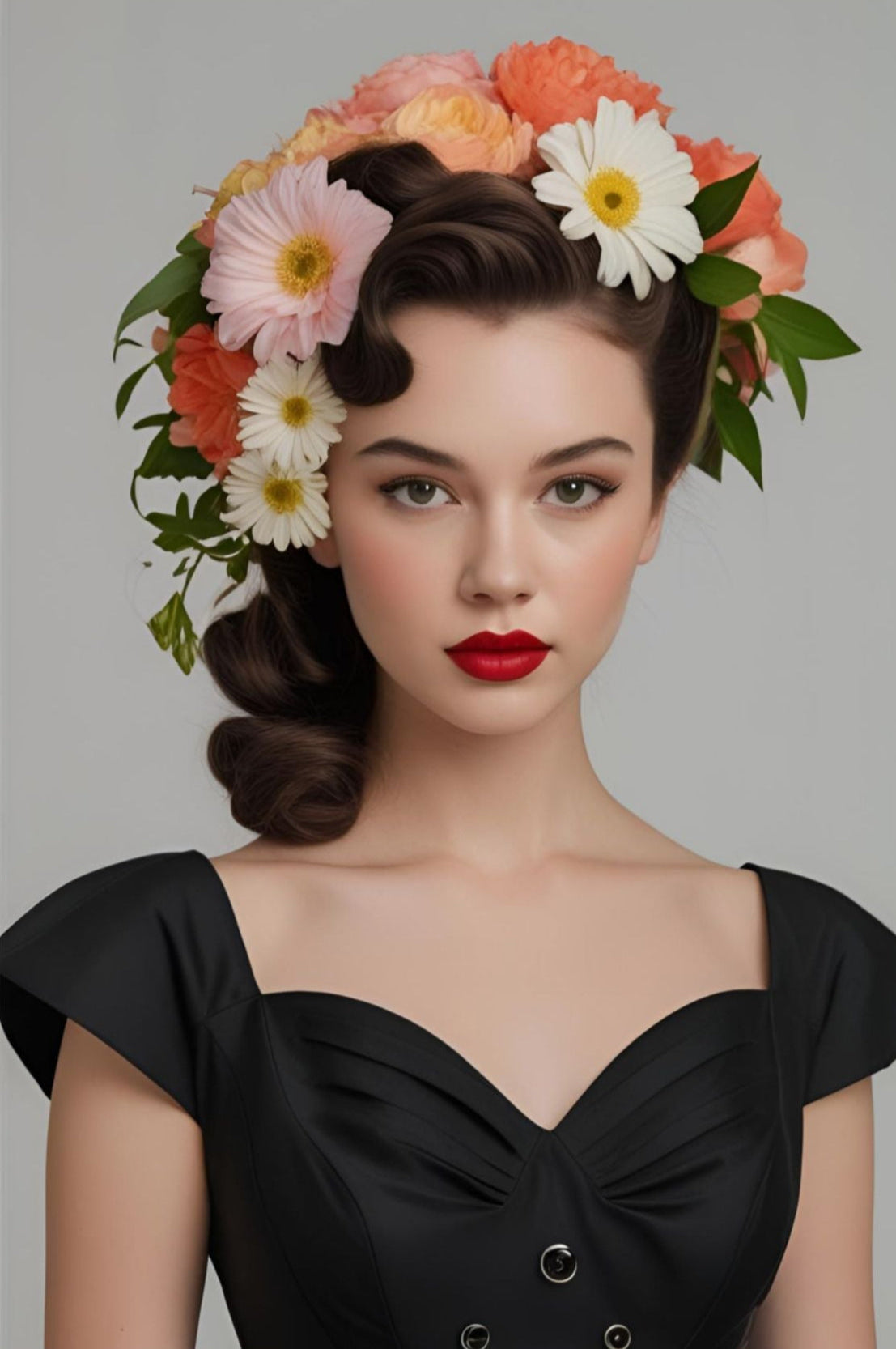 Art print poster of Leah – a woman with soft features, styled hair, and a floral crown of daisies and poppies, wearing a vintage black dress. A part of the Lily and Friends collection.