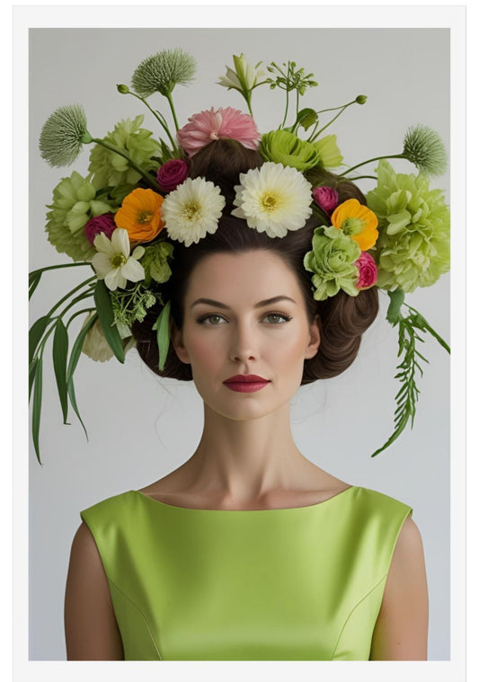 Woman wearing a floral headpiece with a plain background