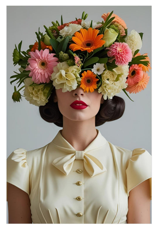 Woman wearing a floral headpiece with a plain background