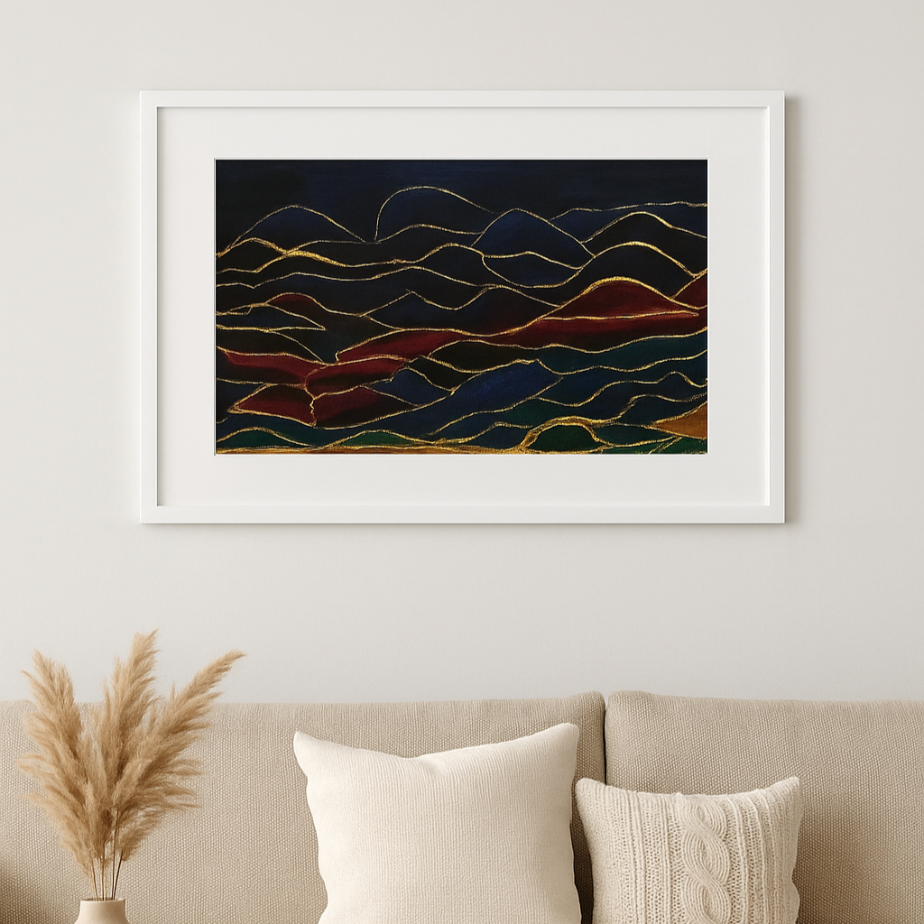 Framed abstract artwork titled "Where the Light Touches" by Elizabeth Marshall featuring flowing layers of alcohol ink and shimmering gold leaf in deep jewel tones.
