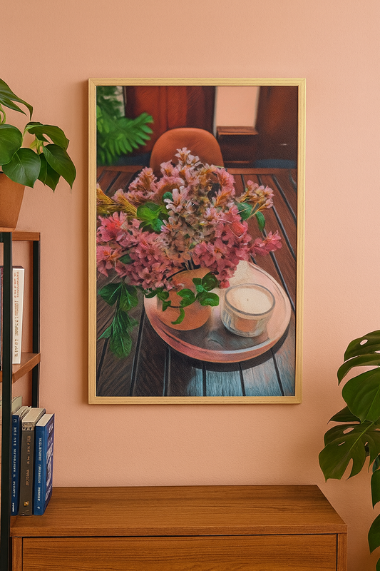 Framed artwork of a floral arrangement on a table against a pink wall.