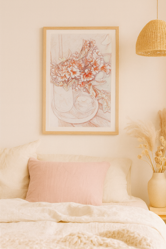 Soft Bloom Serenity Still Life Art Poster Print Pinky Reds Neutrals
