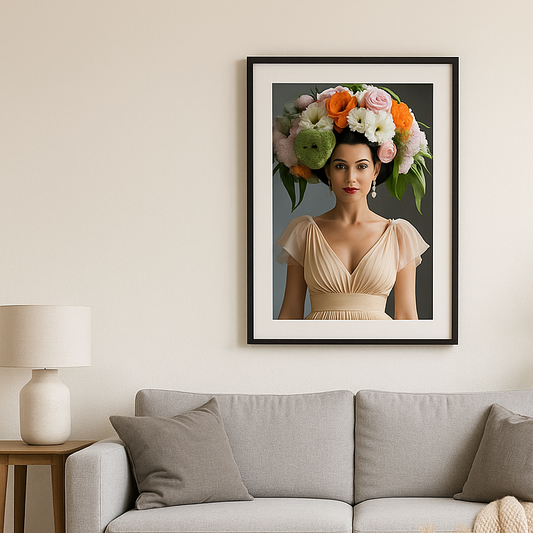 Portrait-style art print of a woman in a soft peach gown with a floral crown in white, blush, orange, and green tones