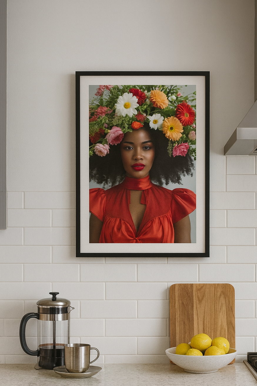 portrait of a confident Black woman with natural afro hair and a floral crown of gerberas, daisies, and wildflowers, wearing a red satin dress with a high neckline.