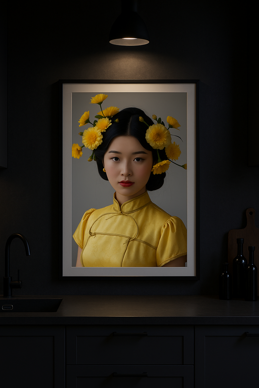 Portrait of Nam, a woman in a golden silk cheongsam with yellow flowers in her hair, from the Lily & Friends art print collection.