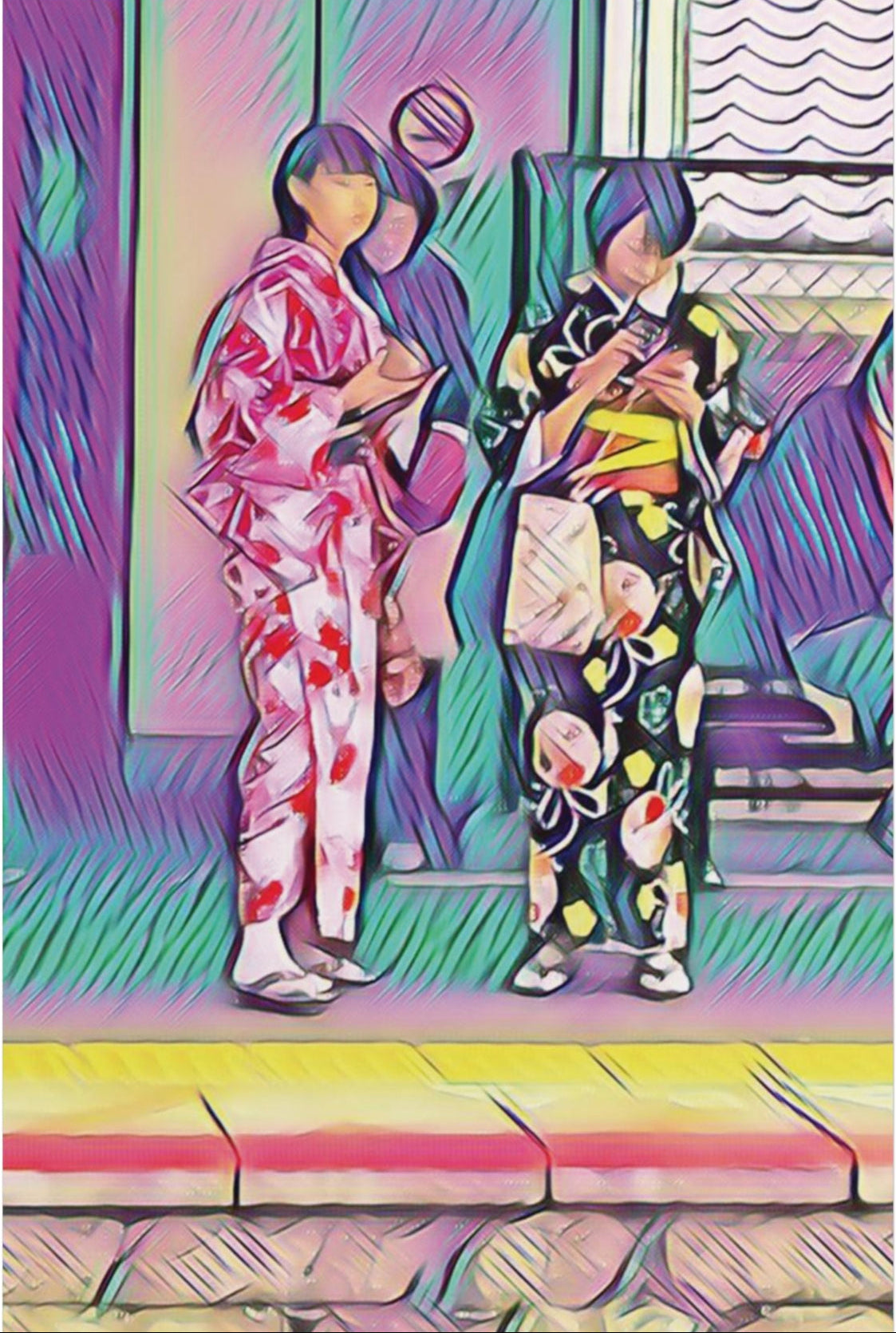 Art poster print depicting two individuals in traditional Japanese clothing standing on a train platform, with vibrant pink and purple colors.