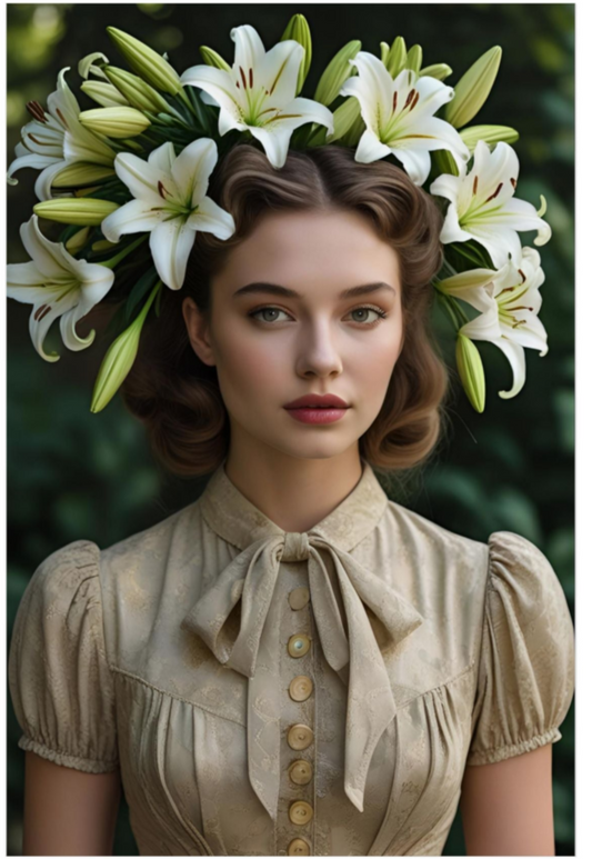 Woman wearing a beige blouse with a floral headpiece against a green background