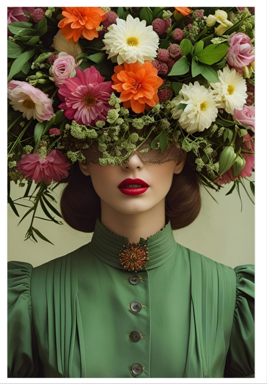 Person wearing a headpiece made of flowers and a green dress with a brooch.