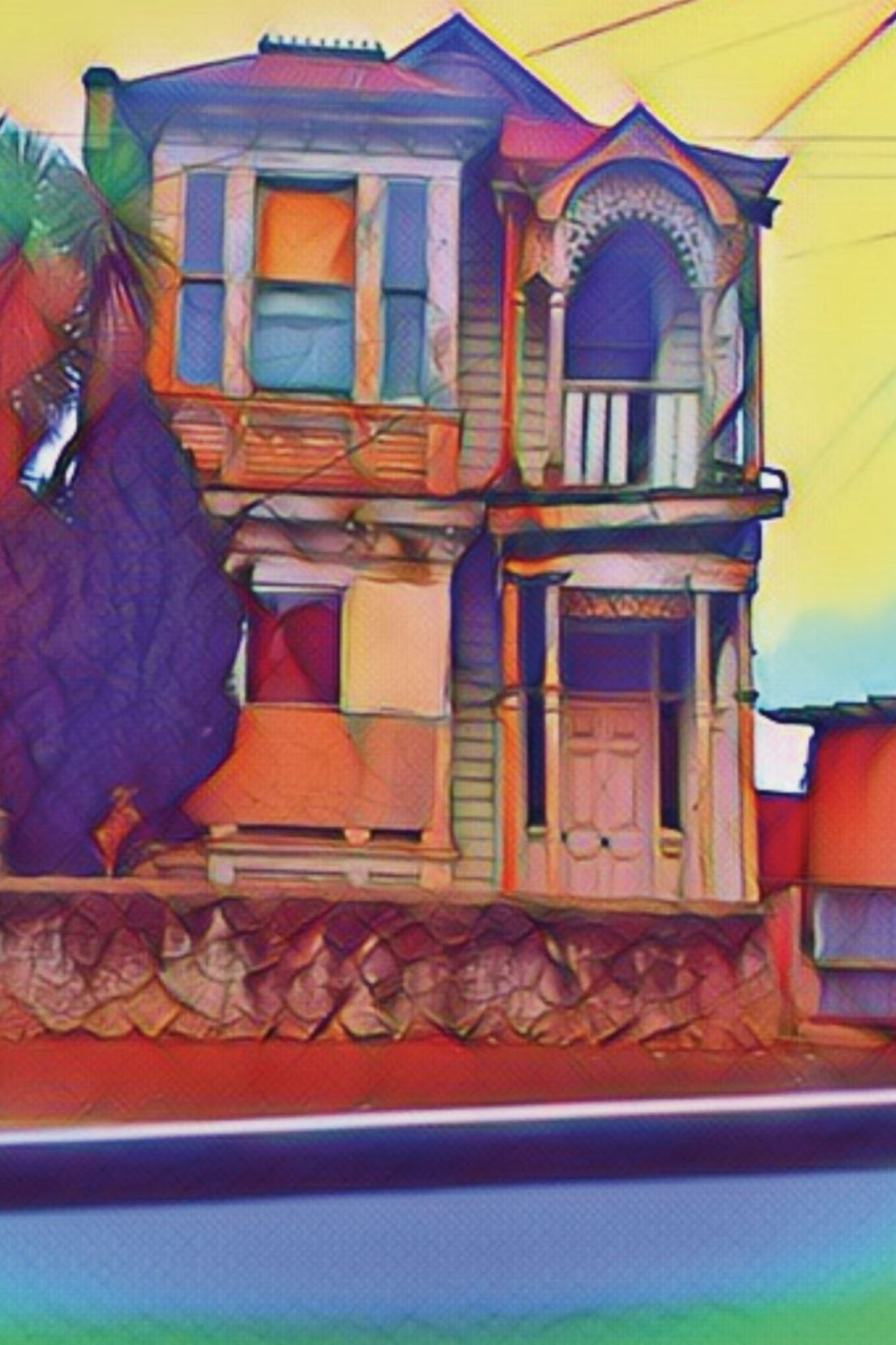 A vibrant unframed art poster print featuring a colorful depiction of a multi-story house with a gable roof, set against a blue sky and a body of water.