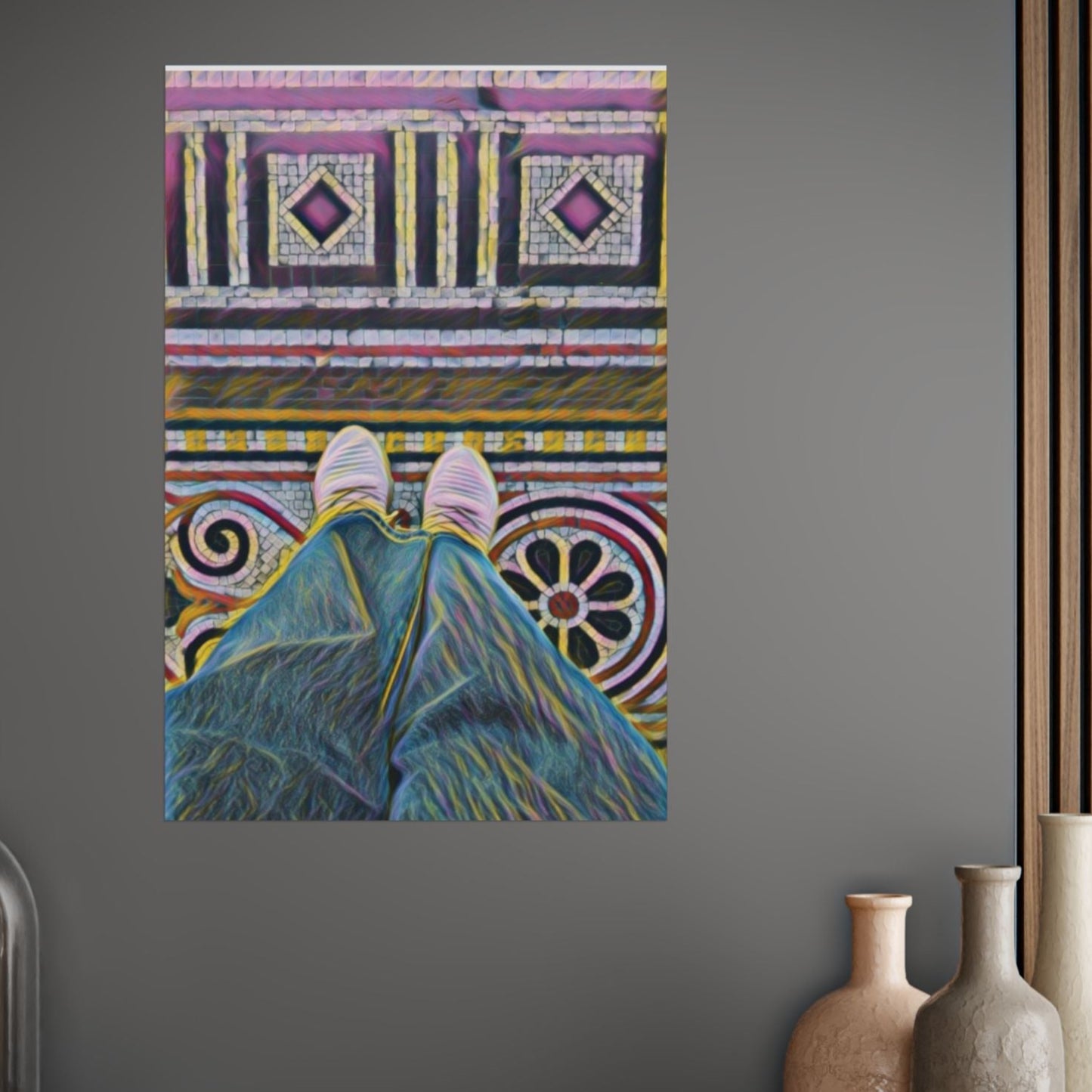 An art poster print featuring the floor mosaic of the Melbourne Parliament Building, with vibrant colors and geometric patterns.