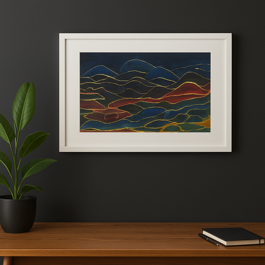 Framed abstract artwork on a dark wall with a plant and notebook below.