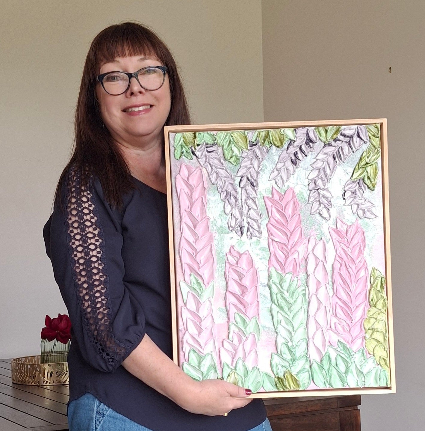 Into a Dream She Walked Original Textured Abstract Floral Art  Pinks, Greens, Lilacs