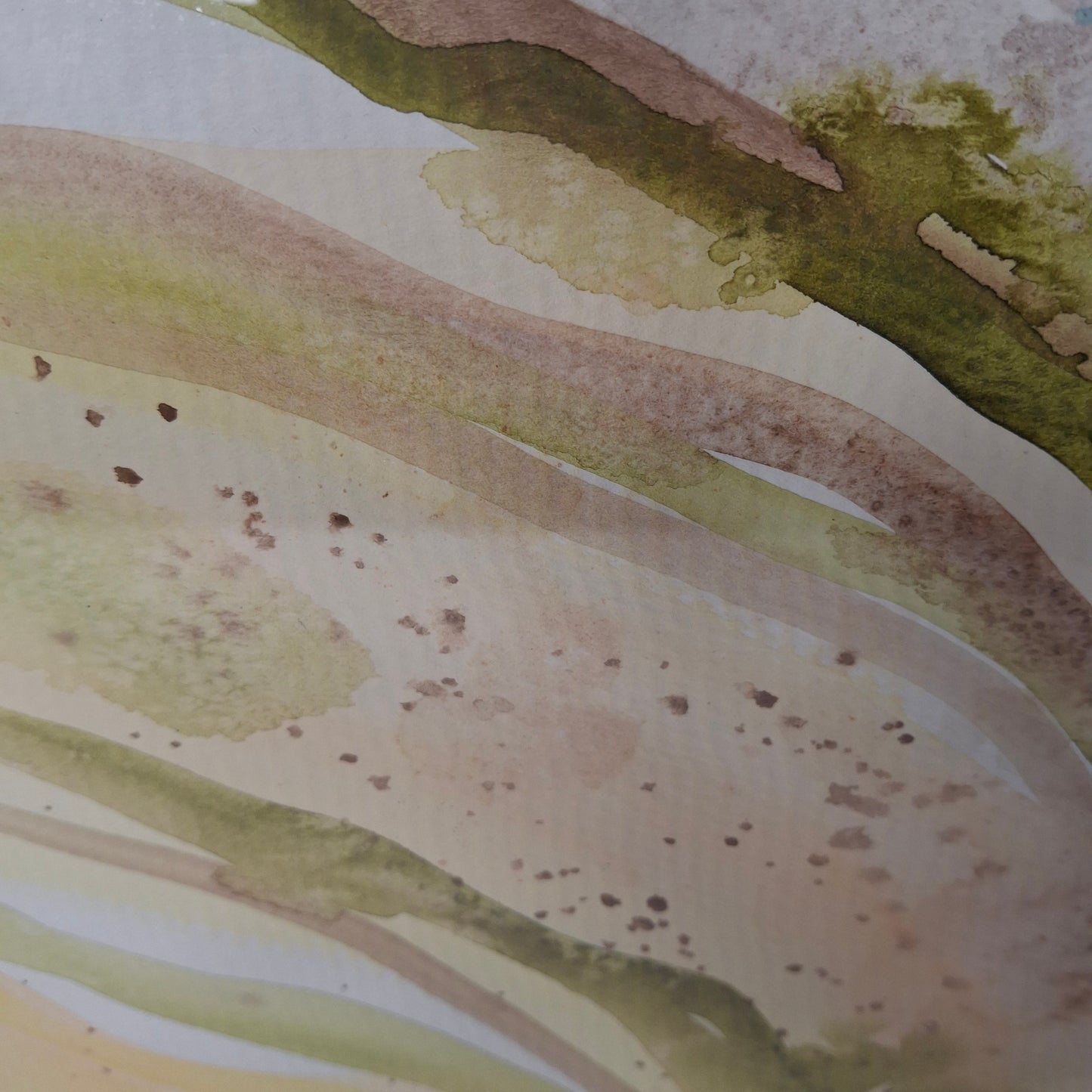Tranquility Through Discovery Original Watercolour Artwork in Pale Olive, Tan, Peach and Yellow