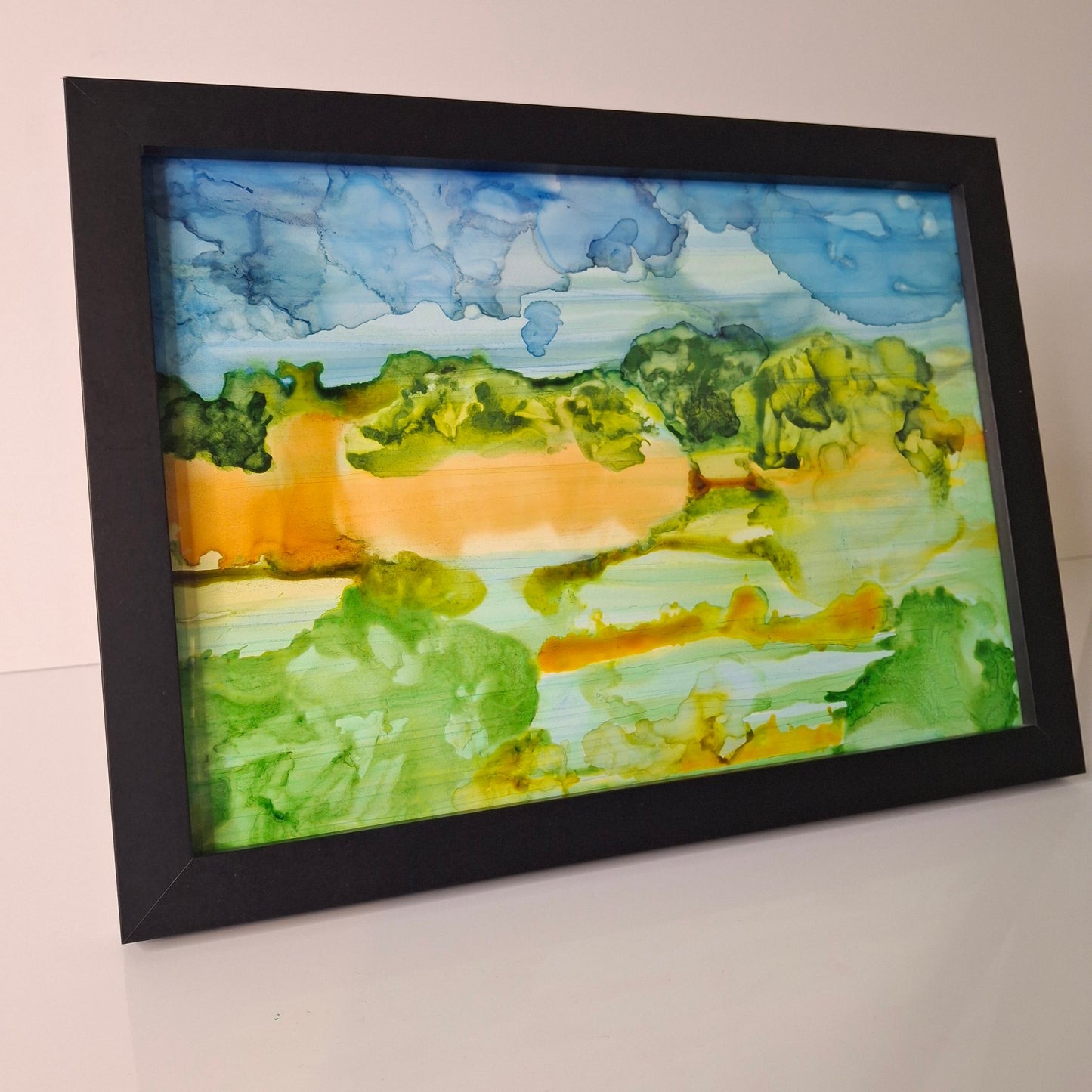 Otago Gold Original Abstract Art Landscape New Zealand in         Alcohol Ink Blue Green Yellow