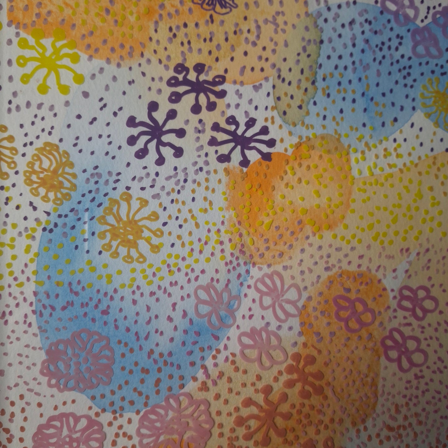 Detail of Garden Party artwork – hand-drawn floral pen motifs layered over soft washes of blue, peach, yellow, and pink watercolour.