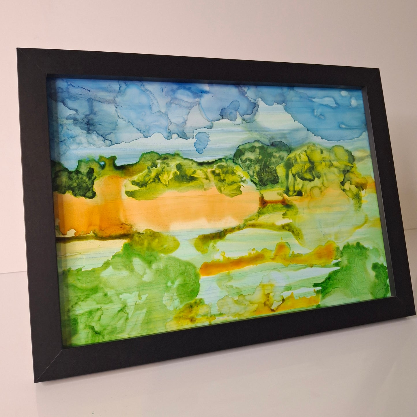 Otago Gold Original Abstract Art Landscape New Zealand in         Alcohol Ink Blue Green Yellow