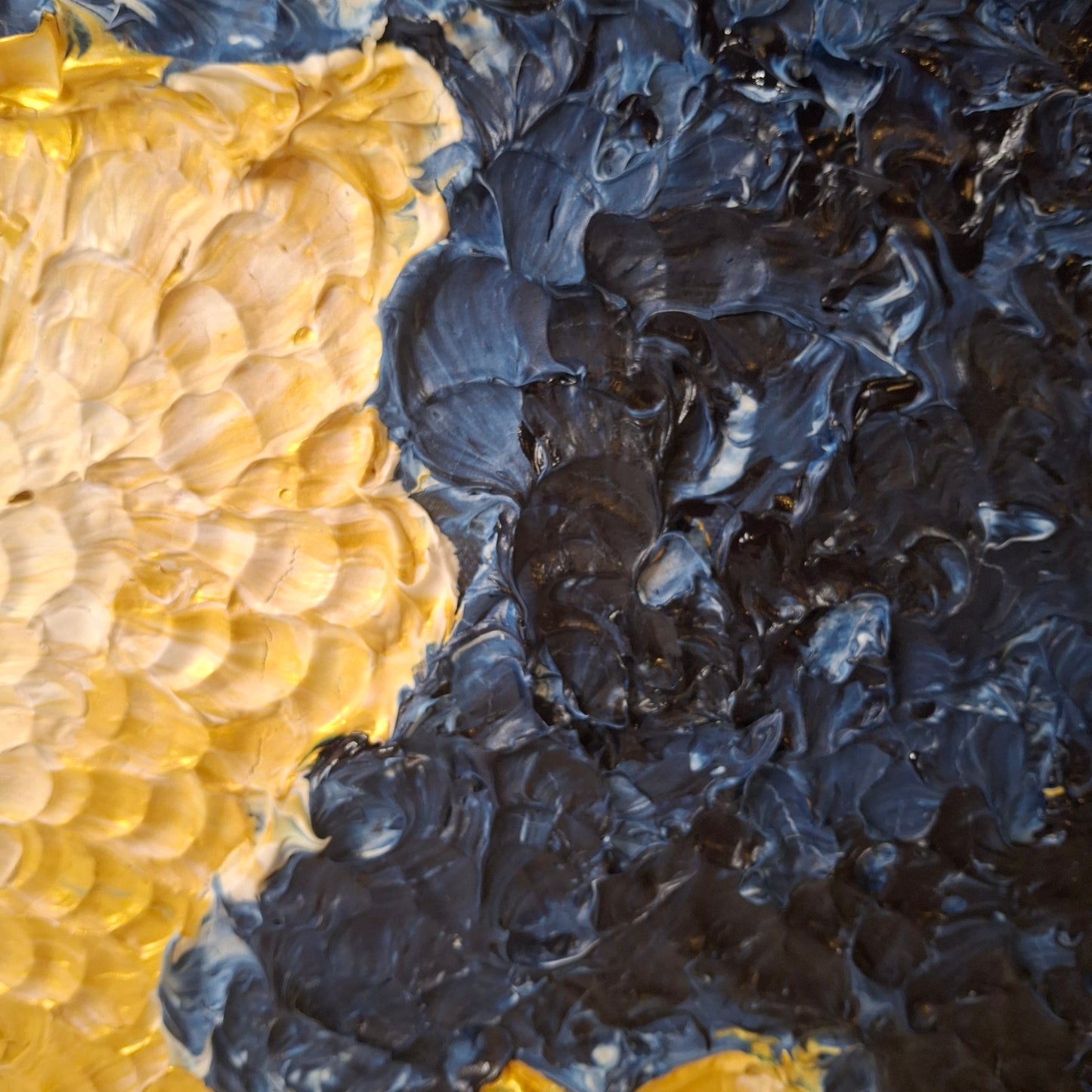 Textured acrylic painting in navy, gold, and cream titled The Sea Told Me a Story, 30x40cm landscape format by Elizabeth Marshall