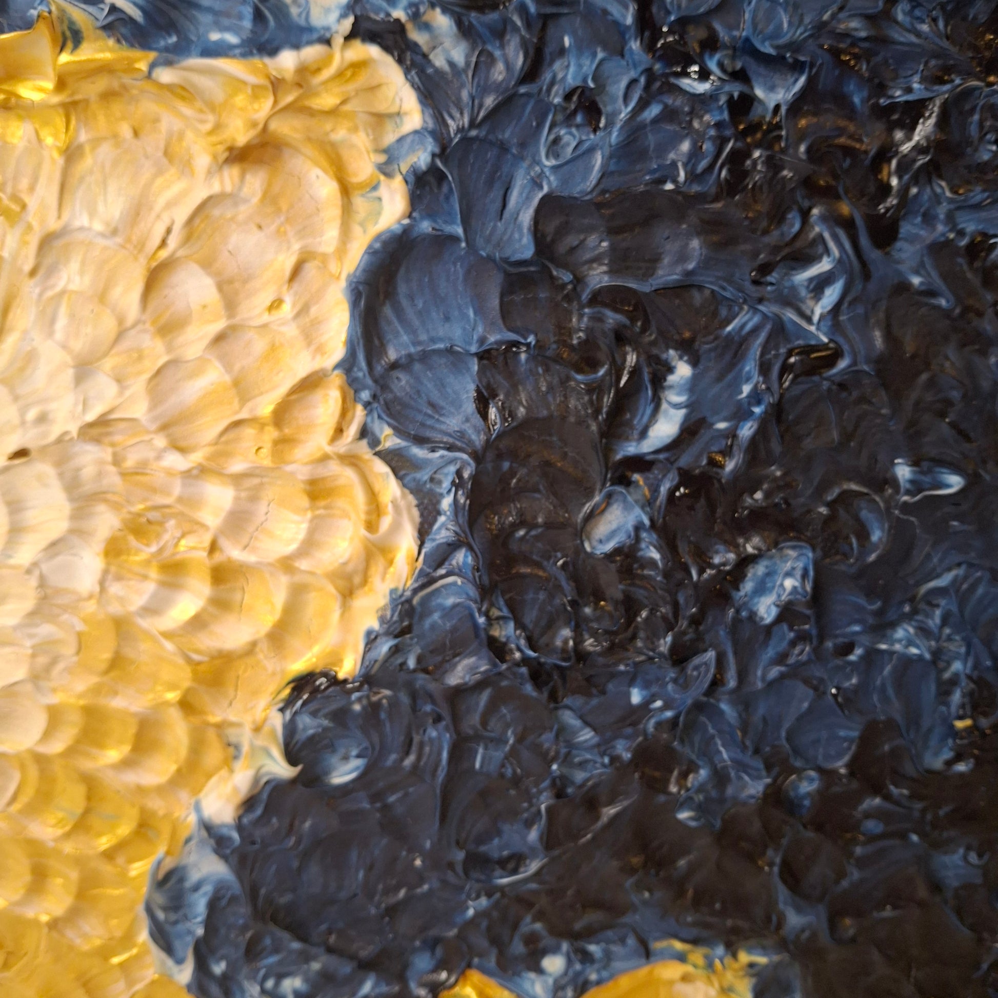 Textured acrylic painting in navy, gold, and cream titled The Sea Told Me a Story, 30x40cm landscape format by Elizabeth Marshall