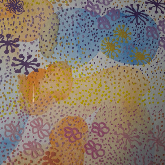 Detail of Garden Party artwork – hand-drawn floral pen motifs layered over soft washes of blue, peach, yellow, and pink watercolour.