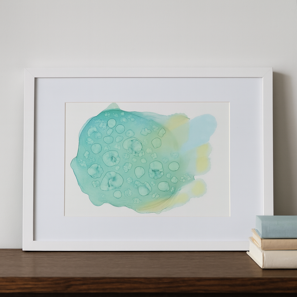 Framed abstract alcohol ink artwork in seafoam green and pale blue by Elizabeth Marshall, titled “Ocean’s Memory,” inspired by the textures and colours of the sea.