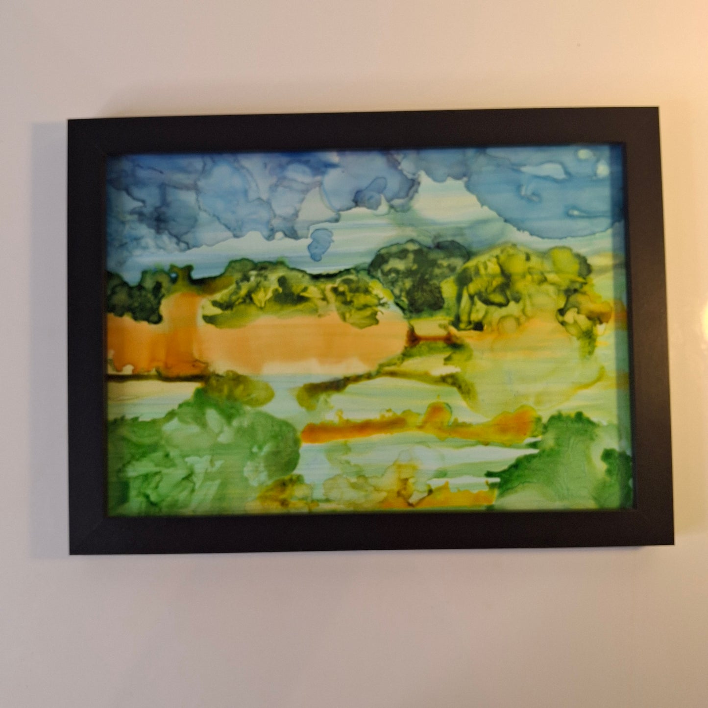 Otago Gold Original Abstract Art Landscape New Zealand in         Alcohol Ink Blue Green Yellow