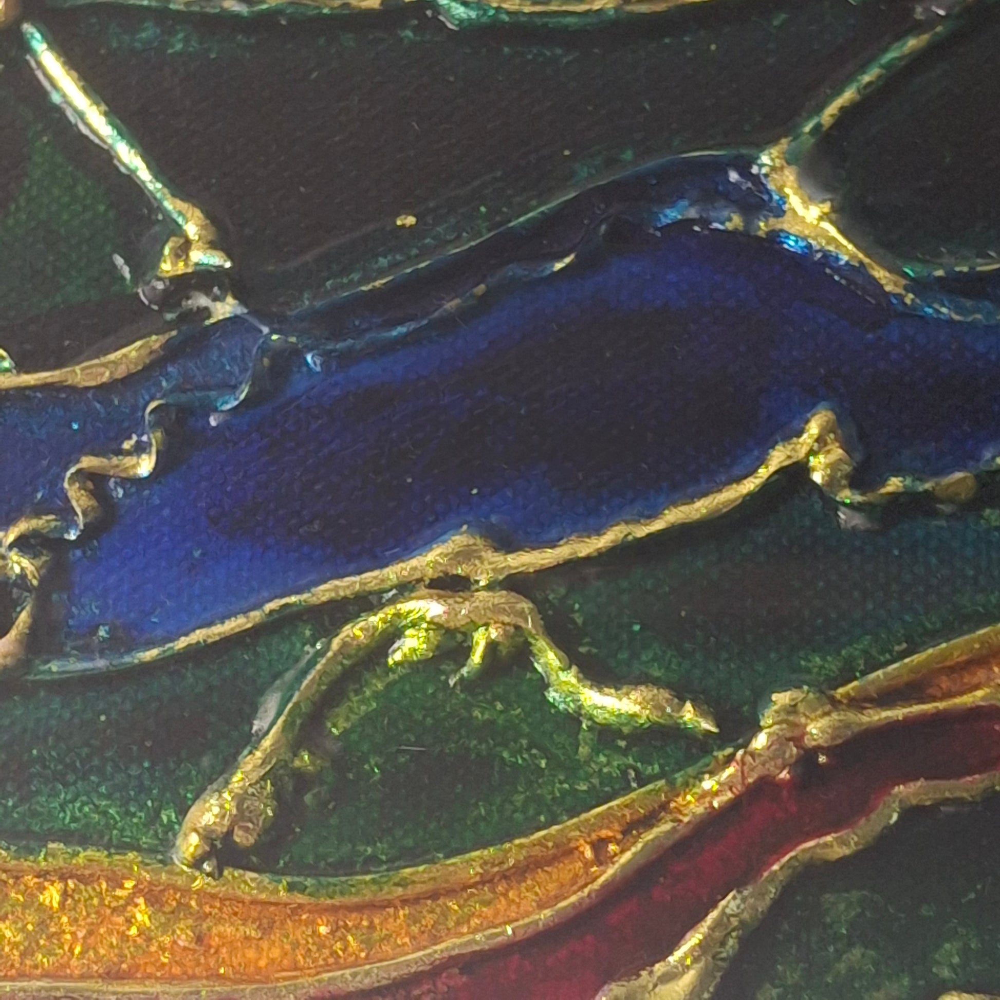 Framed abstract artwork titled "Where the Light Touches" by Elizabeth Marshall featuring flowing layers of alcohol ink and shimmering gold leaf in deep jewel tones.