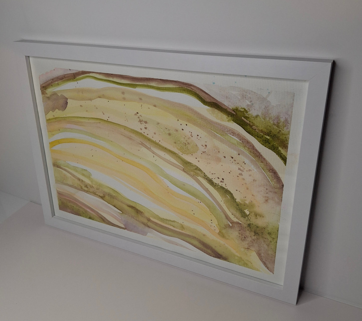 Tranquility Through Discovery Original Watercolour Artwork in Pale Olive, Tan, Peach and Yellow