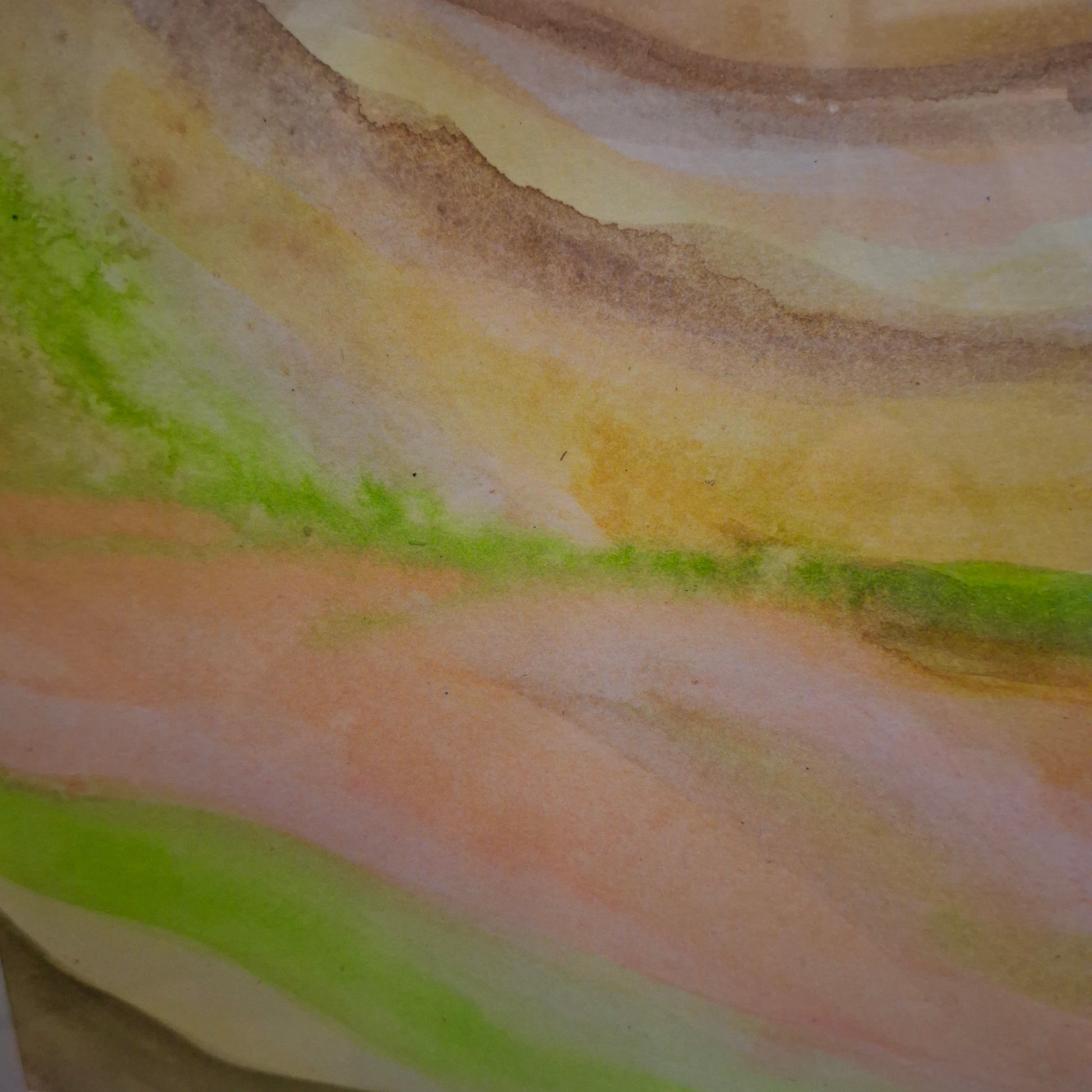 abstract watercolour painting in pale pink, peach tan and green 