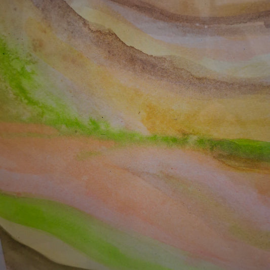 abstract watercolour painting in pale pink, peach tan and green 