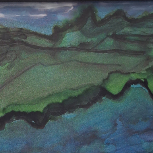Alcohol ink artwork of Otago’s hills meeting the ocean in green and blue tones