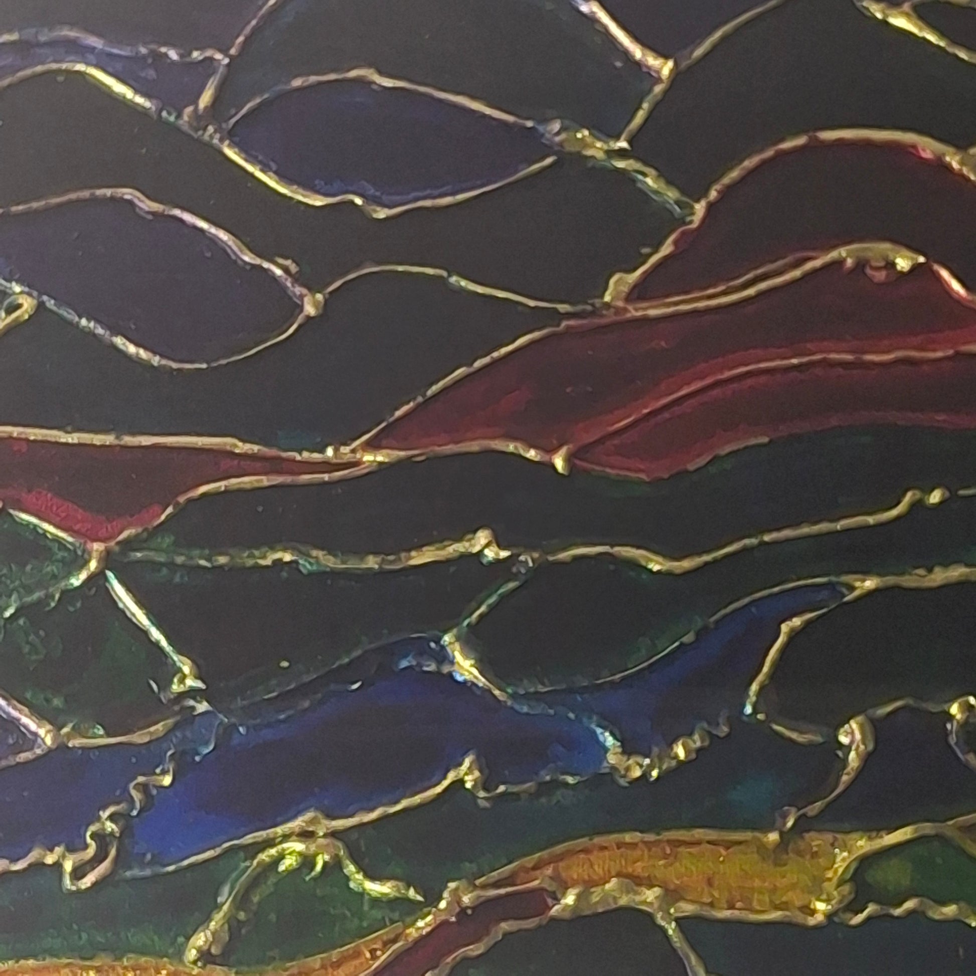 Framed abstract artwork titled "Where the Light Touches" by Elizabeth Marshall featuring flowing layers of alcohol ink and shimmering gold leaf in deep jewel tones.