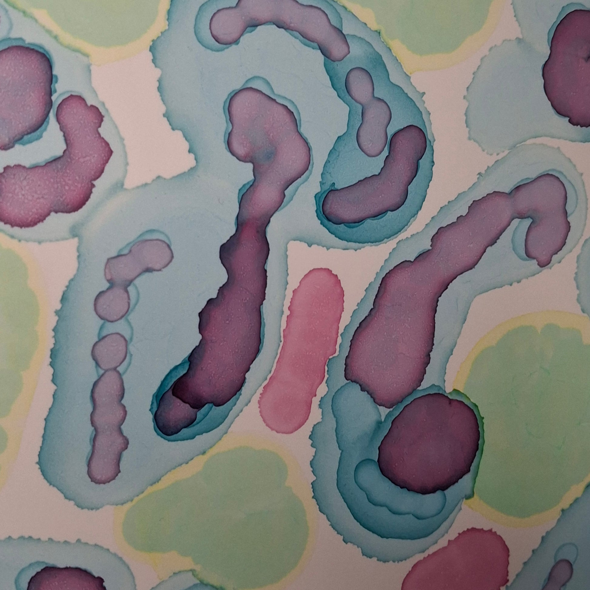 Framed abstract alcohol ink artwork in blue, green, and soft warm tones with organic circular shapes, titled “Tidepool Waltz” by Elizabeth Marshall.