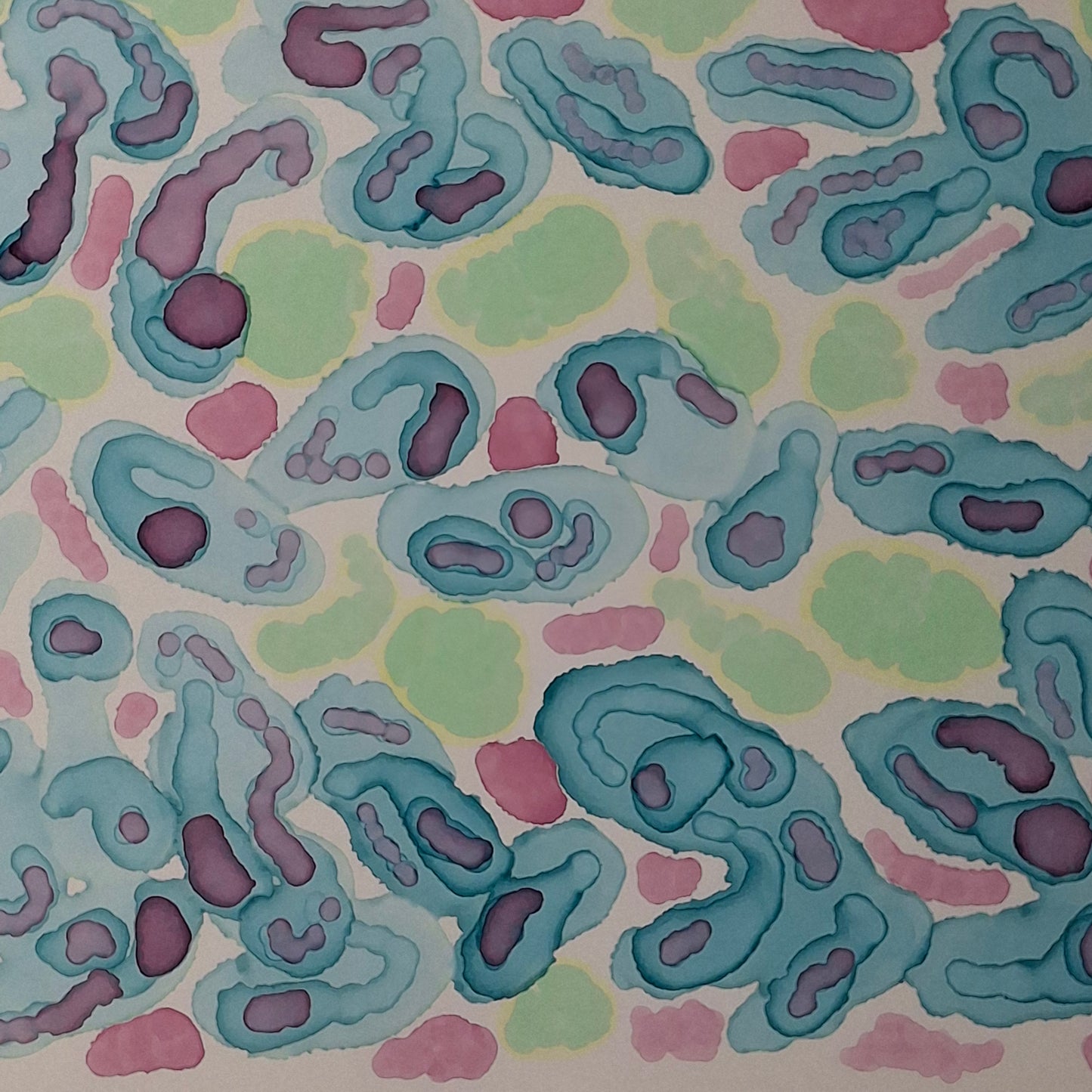 Framed abstract alcohol ink artwork in blue, green, and soft warm tones with organic circular shapes, titled “Tidepool Waltz” by Elizabeth Marshall.