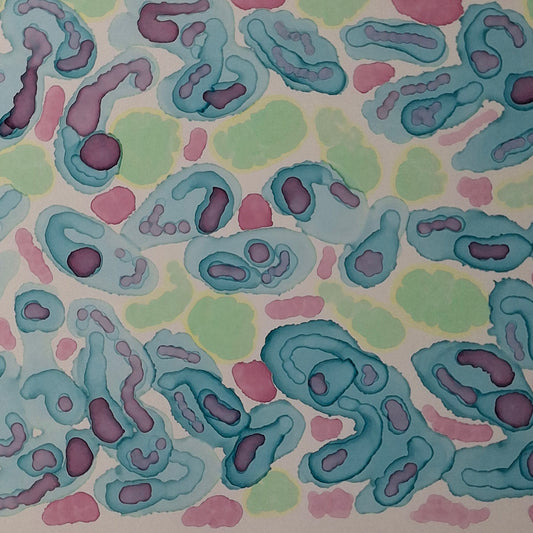 Framed abstract alcohol ink artwork in blue, green, and soft warm tones with organic circular shapes, titled “Tidepool Waltz” by Elizabeth Marshall.