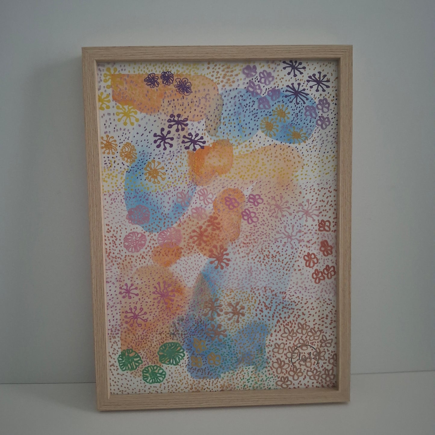 Garden Party by Elizabeth Marshall – colourful abstract floral artwork in watercolour and pen, framed in light timber, featuring blossoms and dotted textures