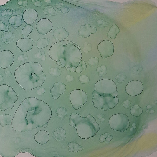 Framed abstract alcohol ink artwork in seafoam green and pale blue by Elizabeth Marshall, titled “Ocean’s Memory,” inspired by the textures and colours of the sea.