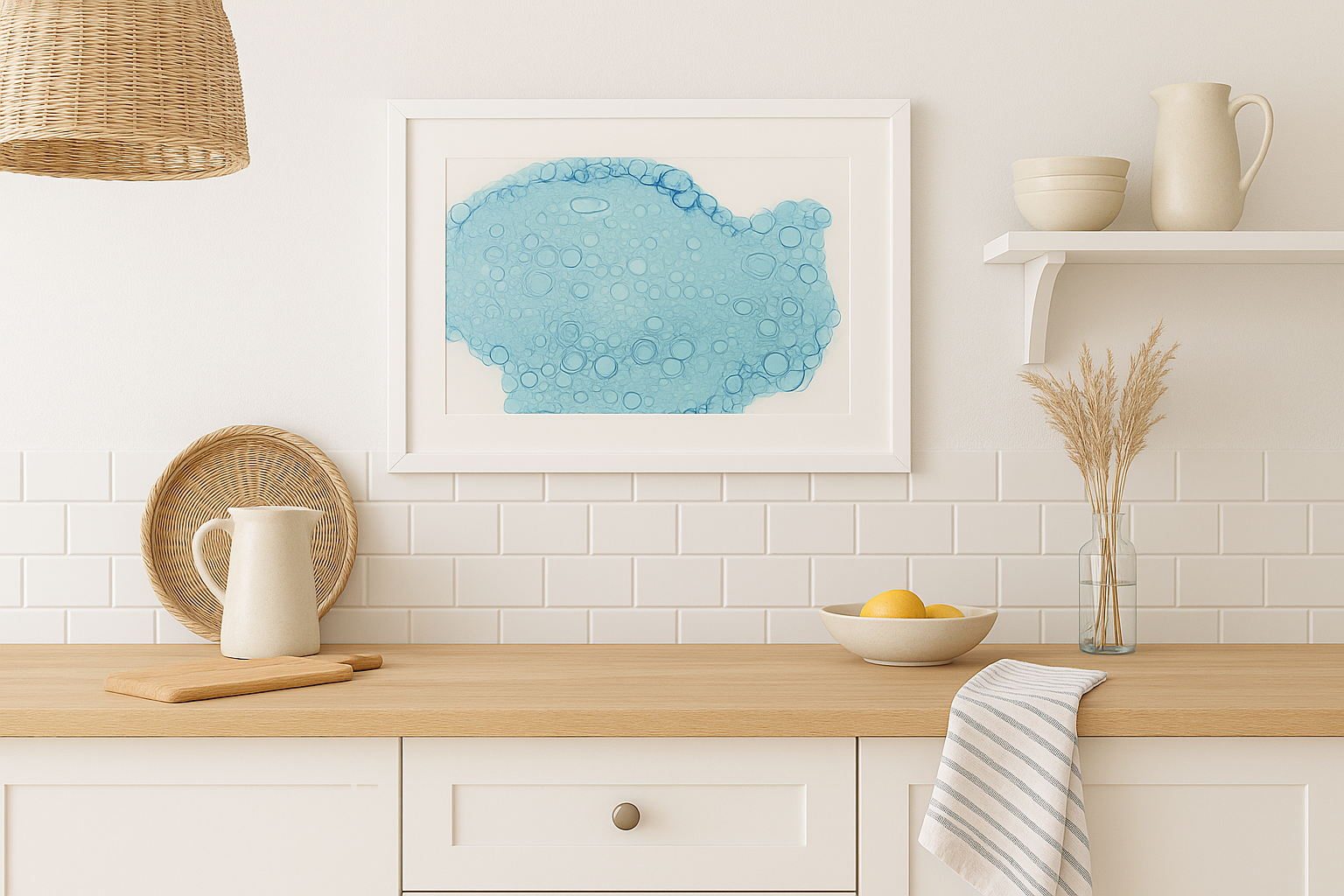 Kitchen interior with a framed blue abstract art piece on the wall.