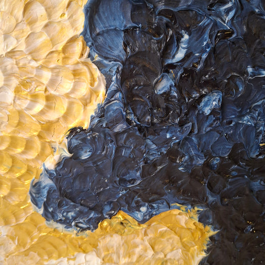 Textured acrylic painting in navy, gold, and cream titled The Sea Told Me a Story, 30x40cm landscape format by Elizabeth Marshall