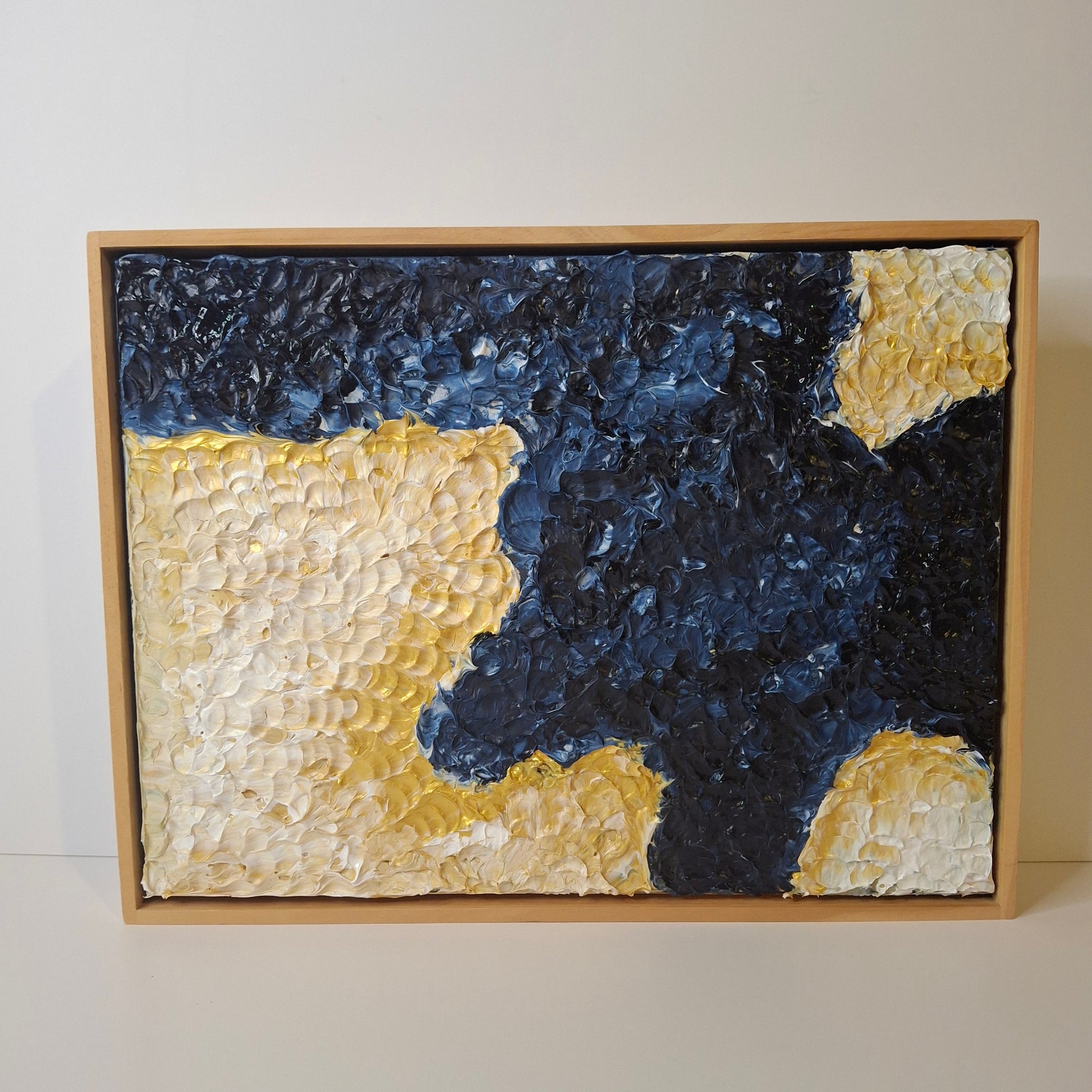 Textured acrylic painting in navy, gold, and cream titled The Sea Told Me a Story, 30x40cm landscape format by Elizabeth Marshall