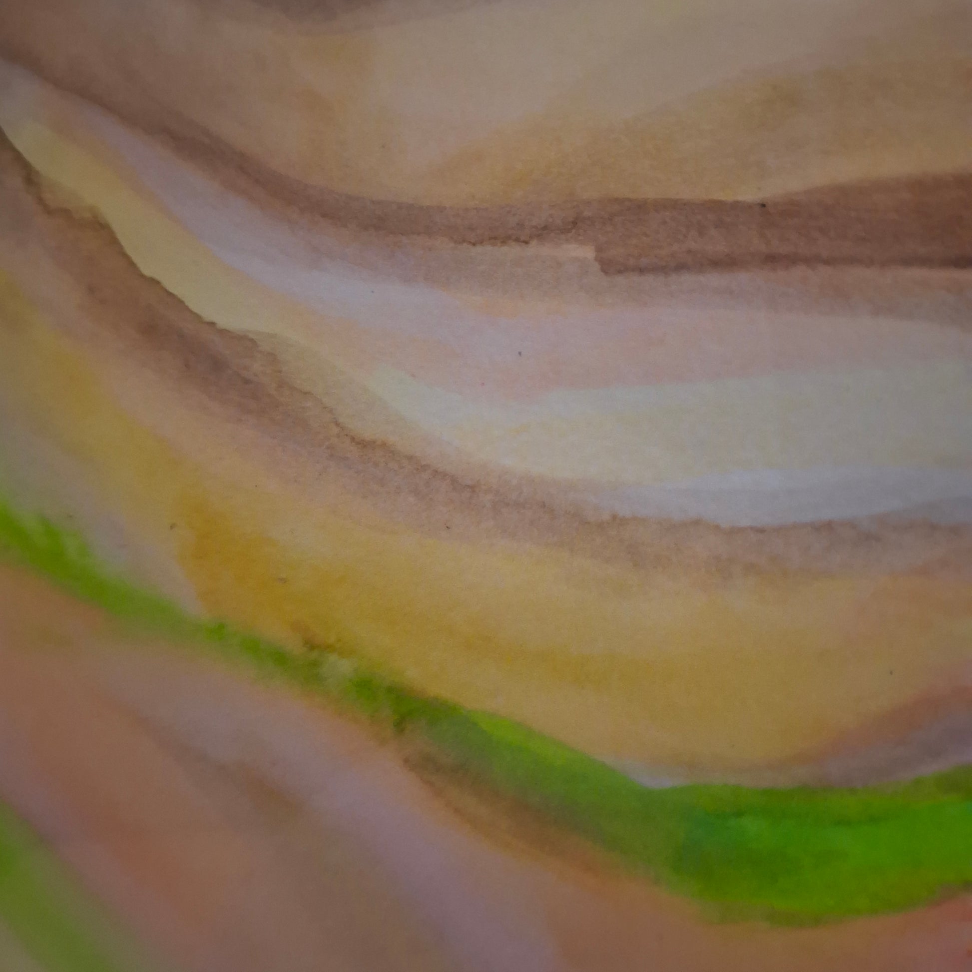 Close-up of watercolor painting with brown, beige, green, and yellow strokes.