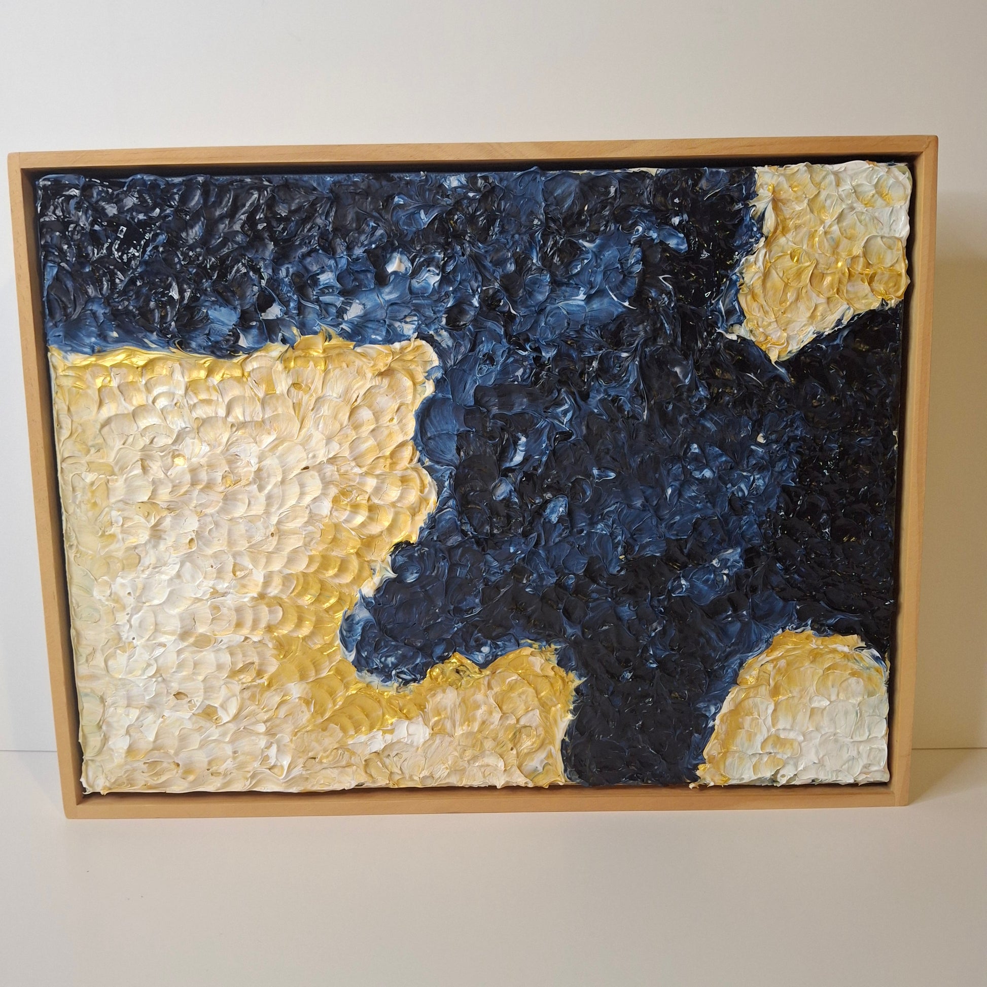 Textured acrylic painting in navy, gold, and cream titled The Sea Told Me a Story, 30x40cm landscape format by Elizabeth Marshall