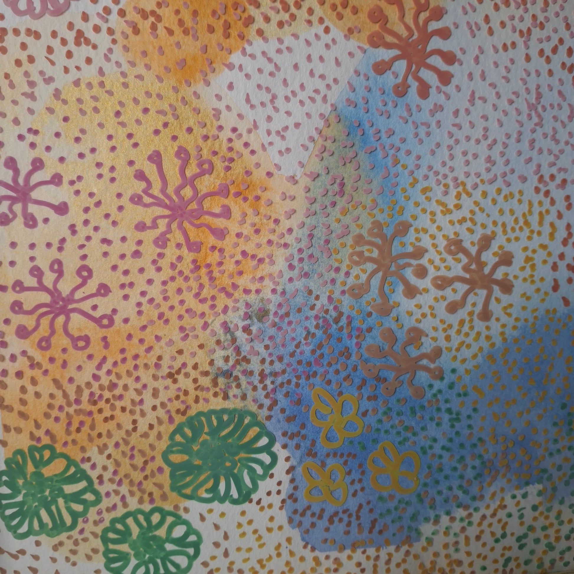 Detail of Garden Party artwork – hand-drawn floral pen motifs layered over soft washes of blue, peach, yellow, and pink watercolour.