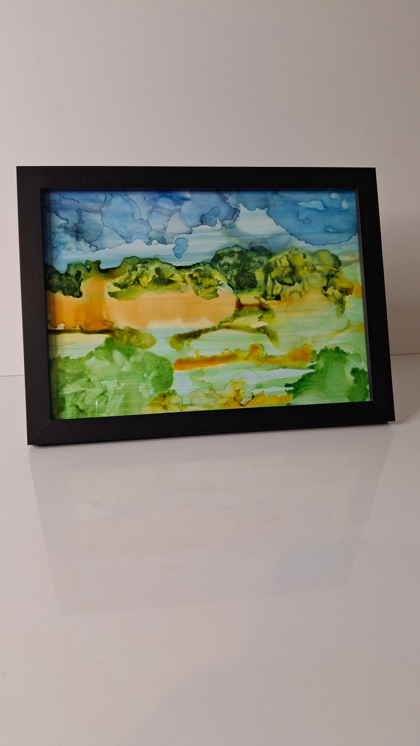 Otago Gold Original Abstract Art Landscape New Zealand in         Alcohol Ink Blue Green Yellow