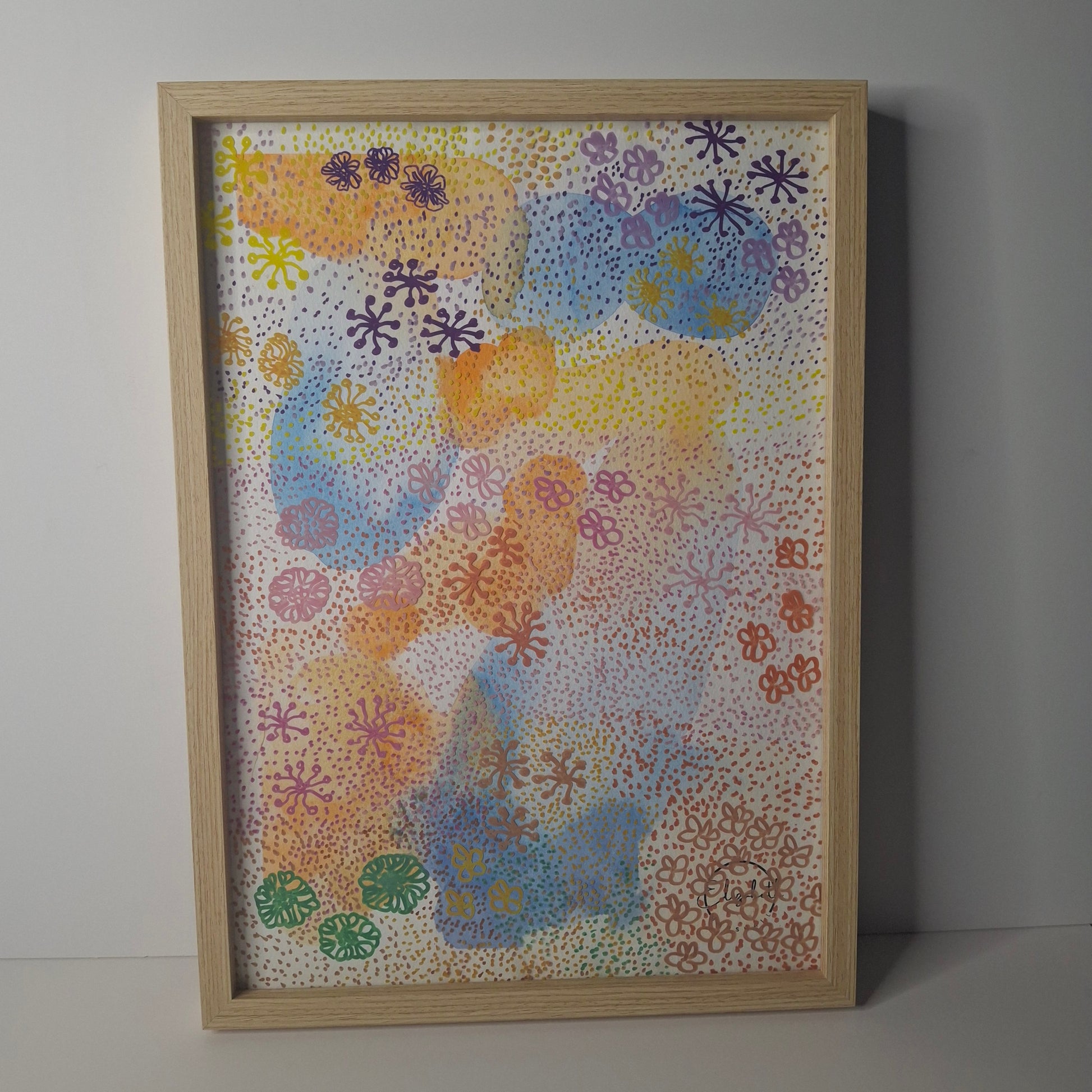 Garden Party by Elizabeth Marshall – colourful abstract floral artwork in watercolour and pen, framed in light timber, featuring blossoms and dotted textures