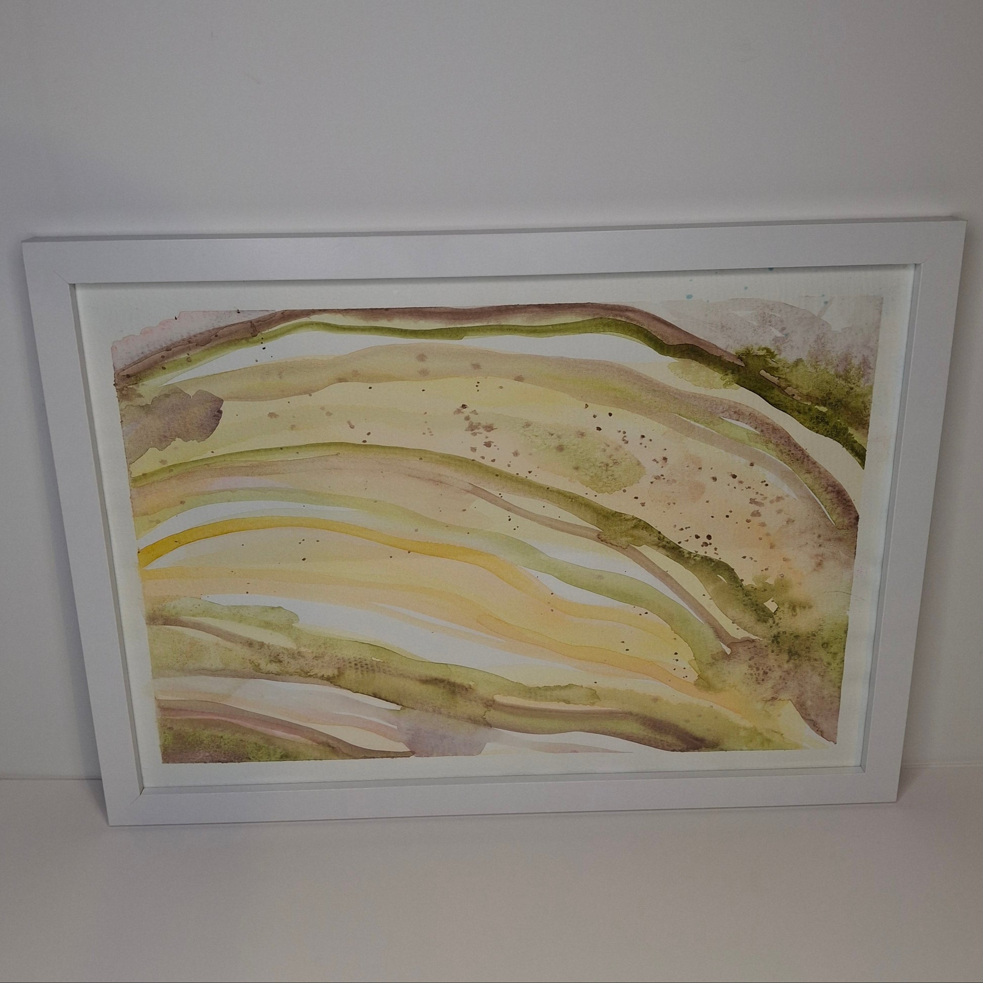 Watercolour painting in pale olive, tan, peach, and yellow with sweeping arches resembling rolling hills, artwork titled Tranquility Through Discovery by Elizabeth Marshall, part of the Sage Advice Collection.