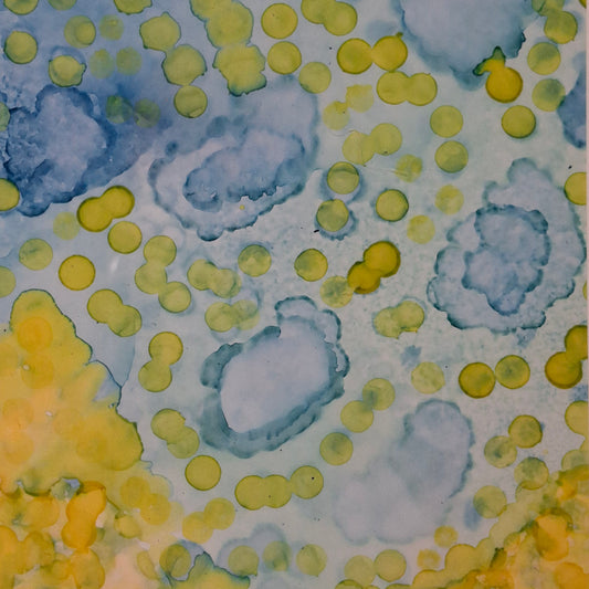 Artistic depiction of blue and yellow abstract shapes on a textured background