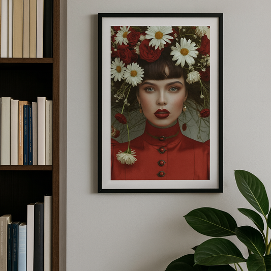 Art print of a woman in a red dress with a crown of daisies and red roses, inspired by English moors