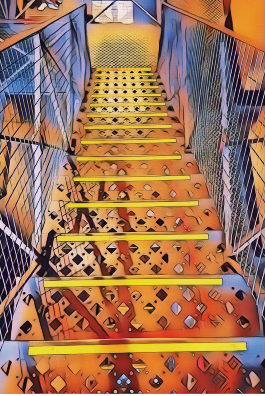 Art poster print of abstract stairs with yellow strips on a metallic structure, predominantly in blue and orange tones.