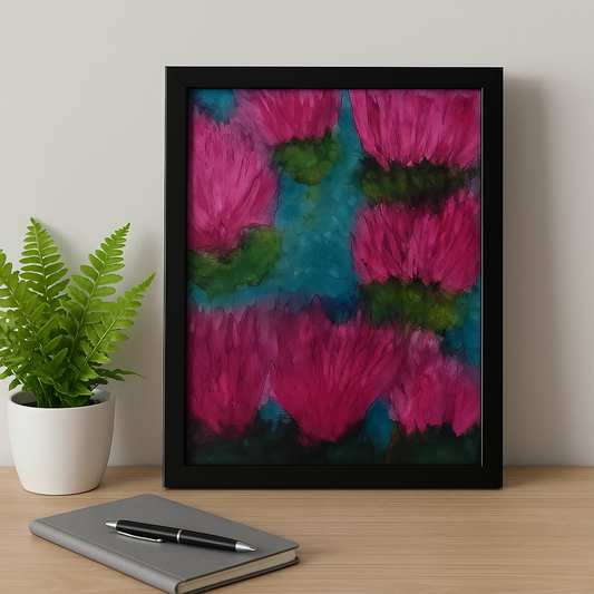 Framed A4 alcohol ink painting featuring vibrant pink abstract florals with blue and green accents in a black frame